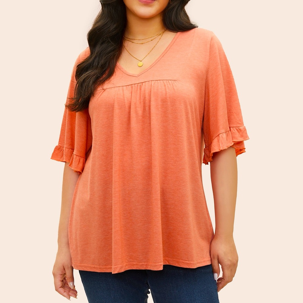 BloomChic Orange Heather Ruffle Sleeve V Neck Top Plus Size 1X - Picture 1 of 5